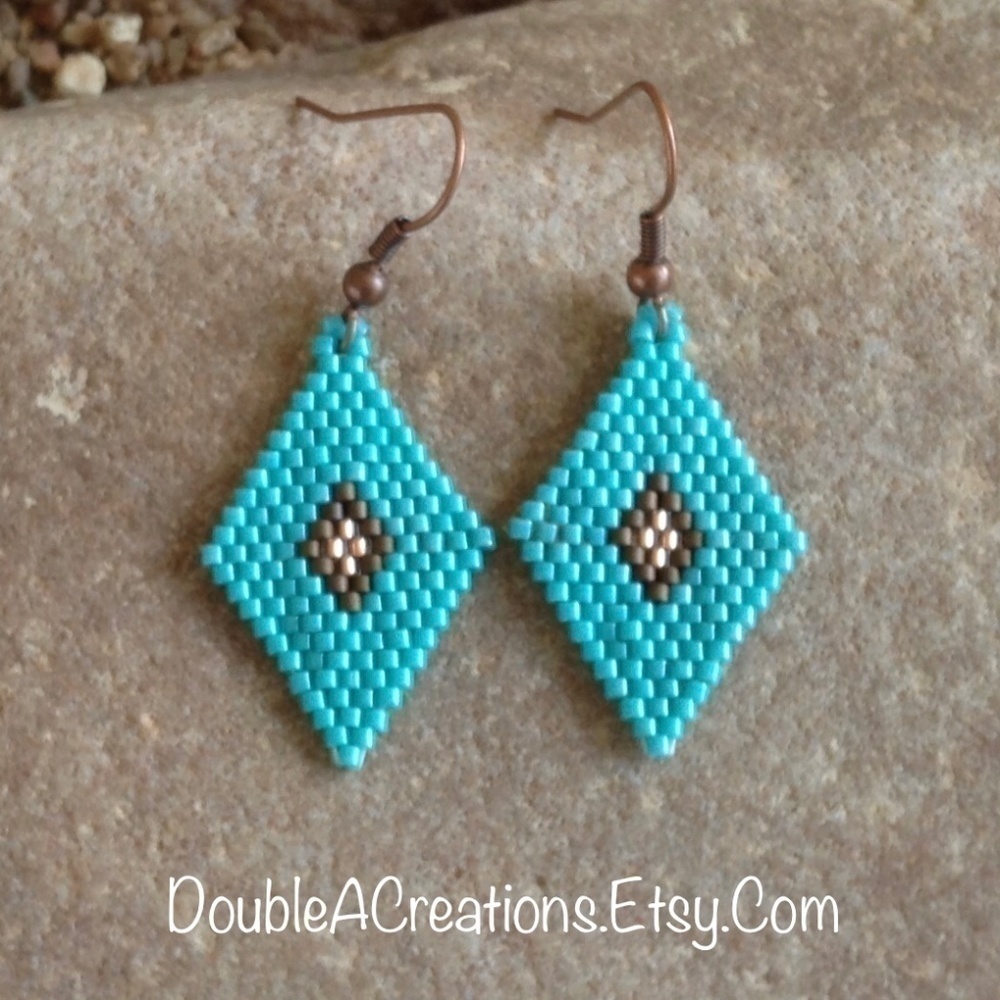 Copper Penny And Turquoise Diamond Beaded Earrings, New, Handmade By Me